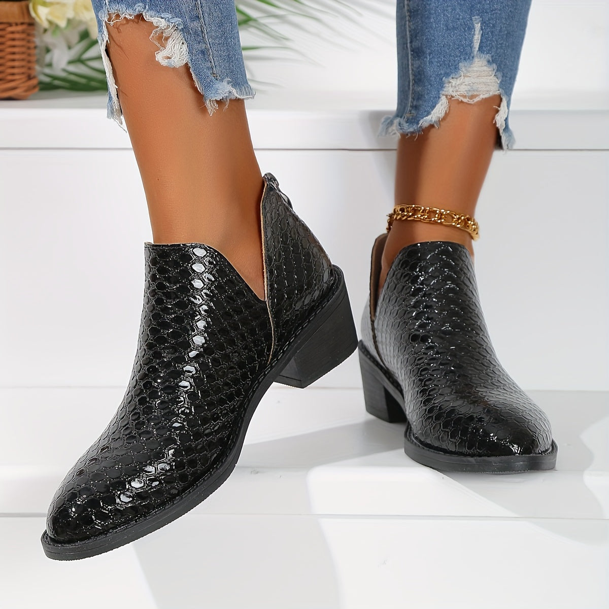 Women's Faux Leather V-Back Zip Ankle Boots with Block Heel and Round Toe