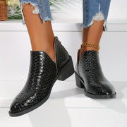 Women's Faux Leather V-Back Zip Ankle Boots with Block Heel and Round Toe