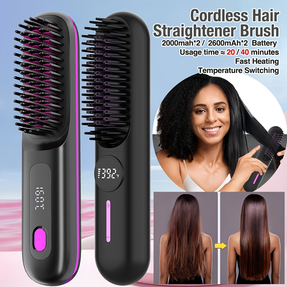 Cordless Hair Straightener Brush with Negative Ion USB Type-C Fast Charging Lightweight Digital Battery Display