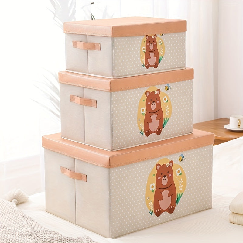 Large Capacity Fabric Storage Box with Lid Cartoon Bear Dog Dustproof Organizer for Clothes Quilts