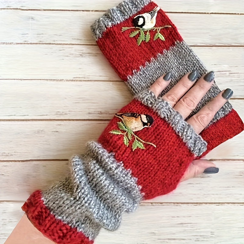 Warm Fingerless Gloves with Double Color Block Design and Hummingbird Embroidery