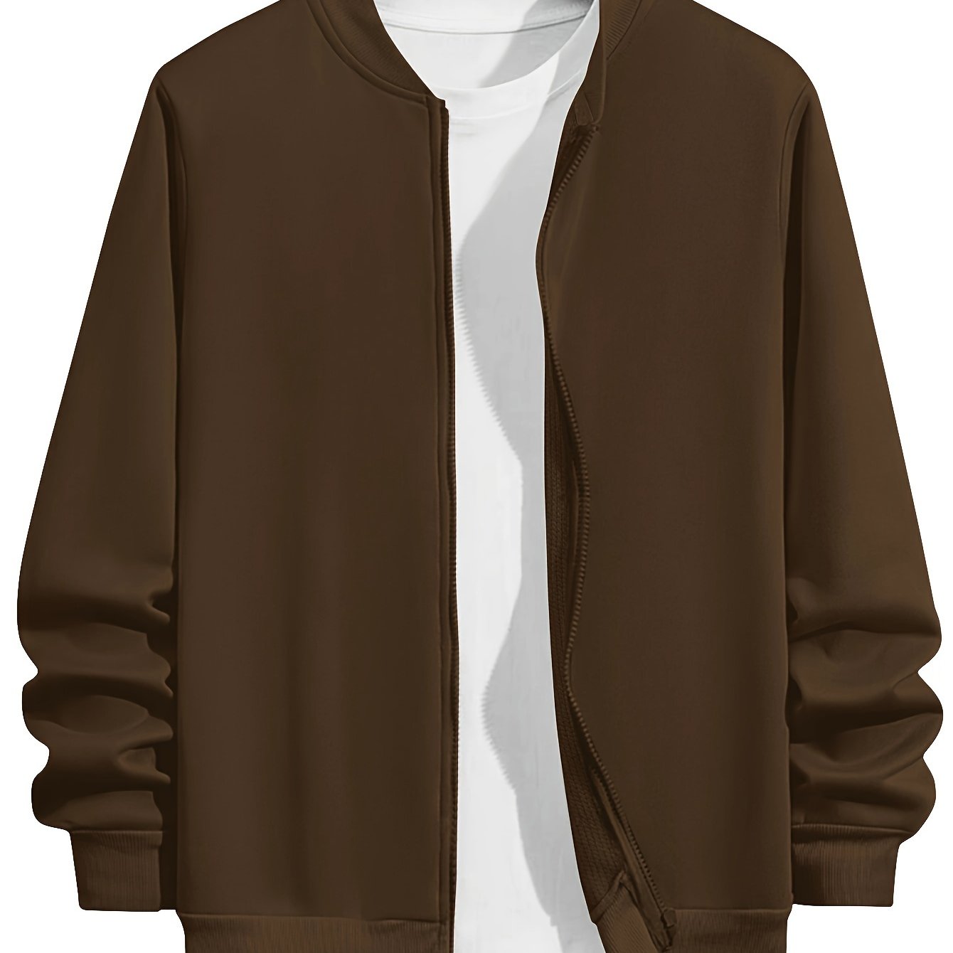 Men's Plus Size Lightweight Polyester Fall Jacket with Baseball Collar Zip-Up Brown White Interior