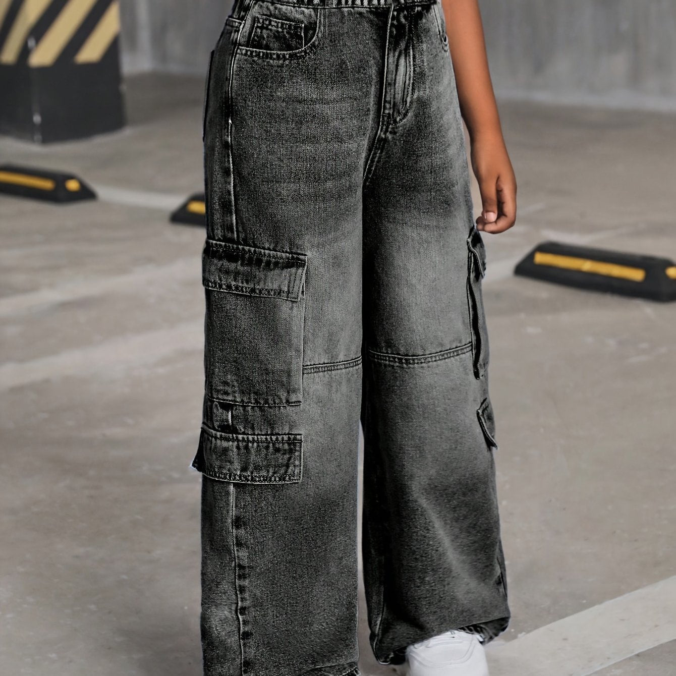 Teen Cargo Denim Pants Long Length Ash Gray Loose Fit Elastic Waist Casual Streetwear for Ages 8-15