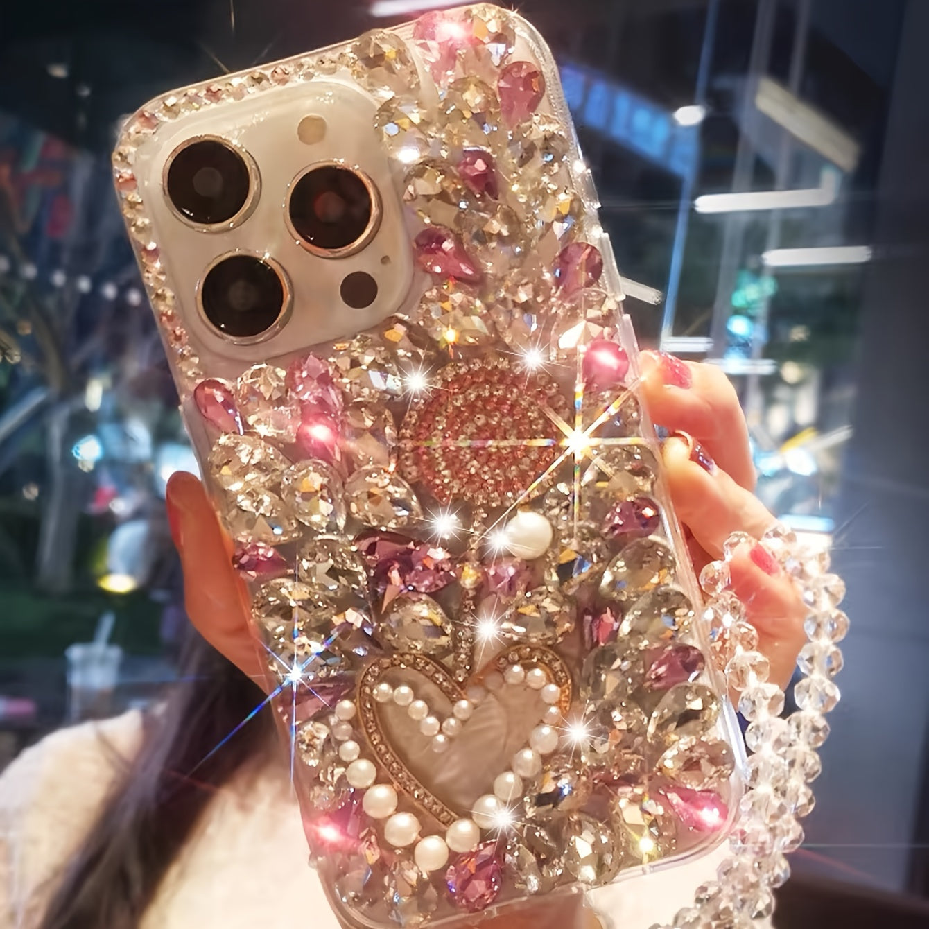 Luxury Pink Crystal TPU Phone Case with Rhinestones and Lanyard for iPhone 16 Pro Max and 15 Plus