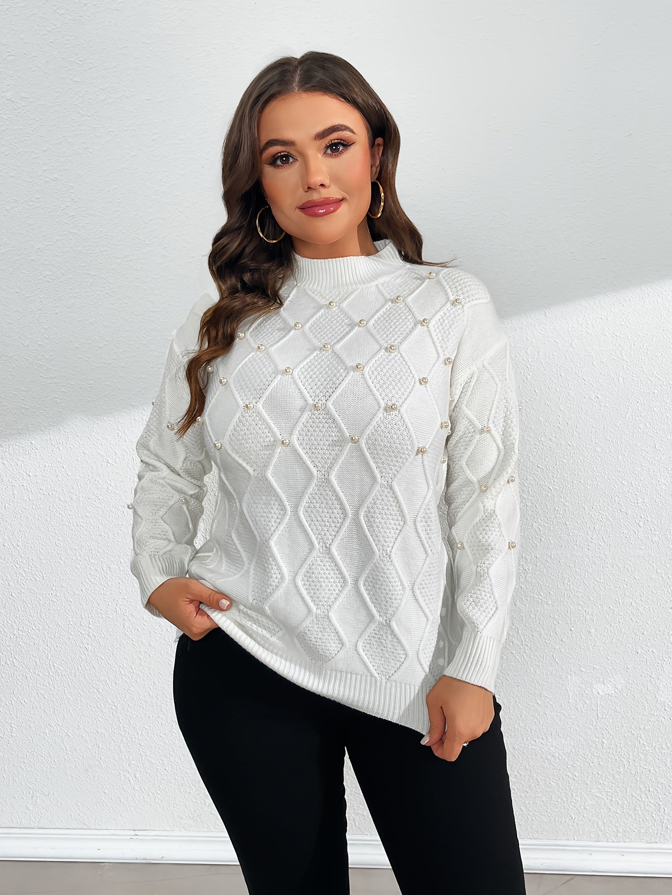 Women's Knit Sweater Long Sleeve Crew Neck Pearl Embellished Polyester Blend