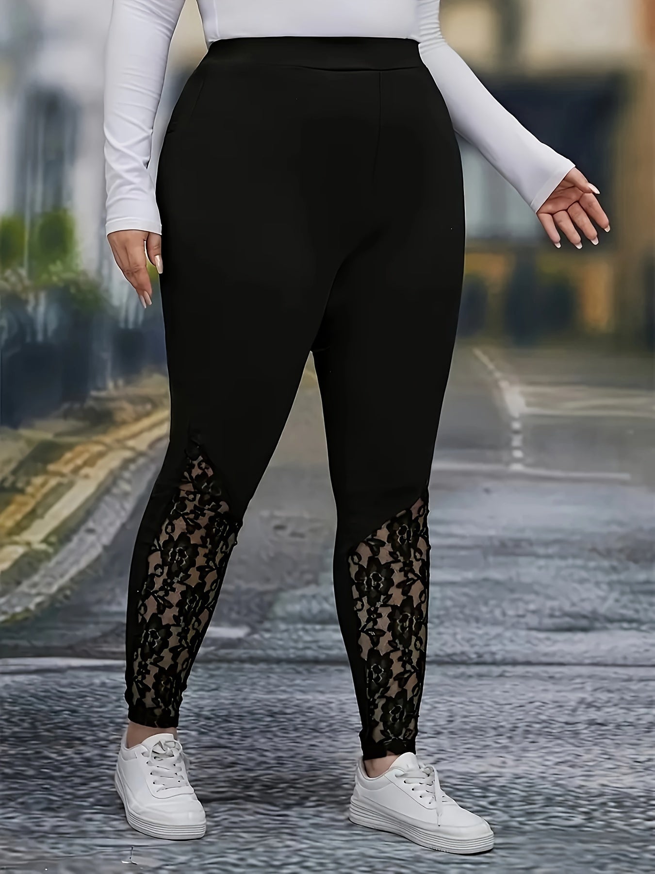 Women's Plus Size Lace Panel Leggings High-Waisted Knit All-Season Pants
