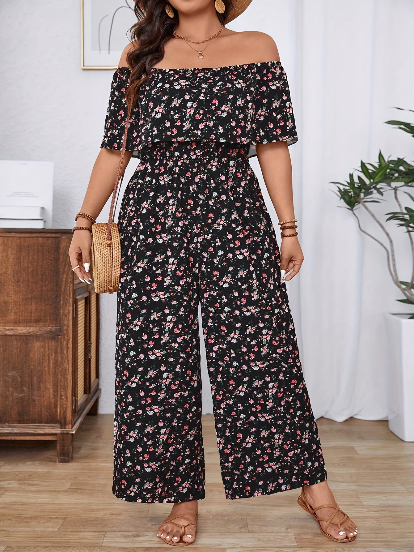 Plus Size Women’s Bohemian Floral One-Shoulder Pleated Jumpsuit