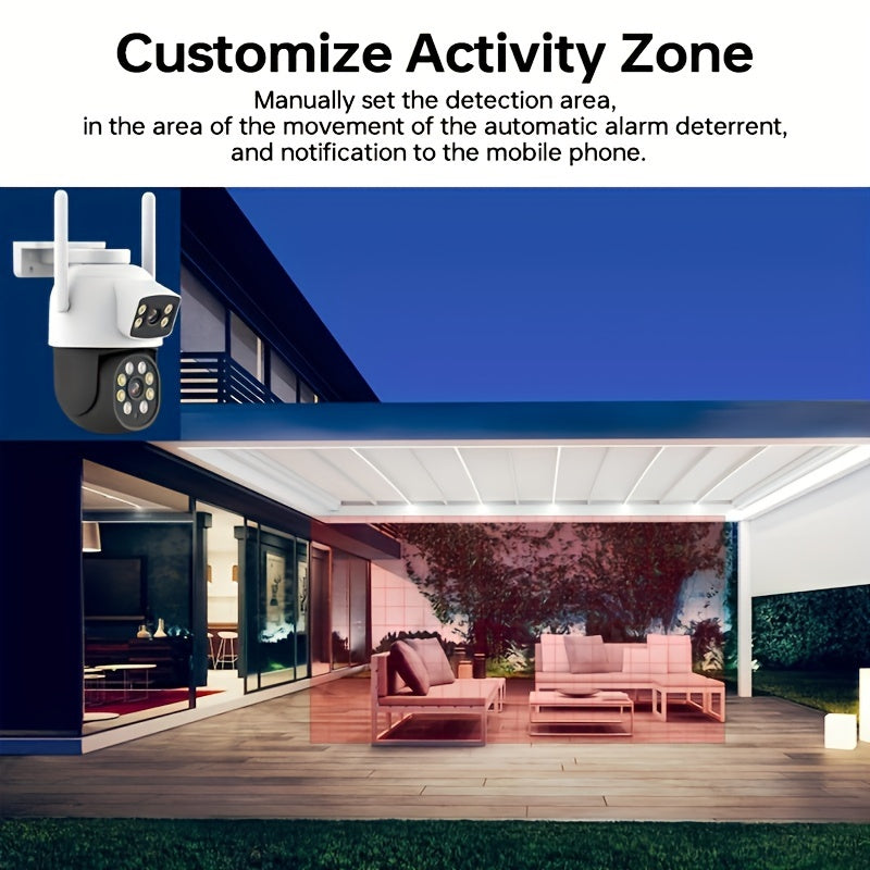 Outdoor Security Camera with 360° Pan Tilt, Color Night Vision, 2MP+2MP, Motion Detection, Two-Way Audio, WiFi