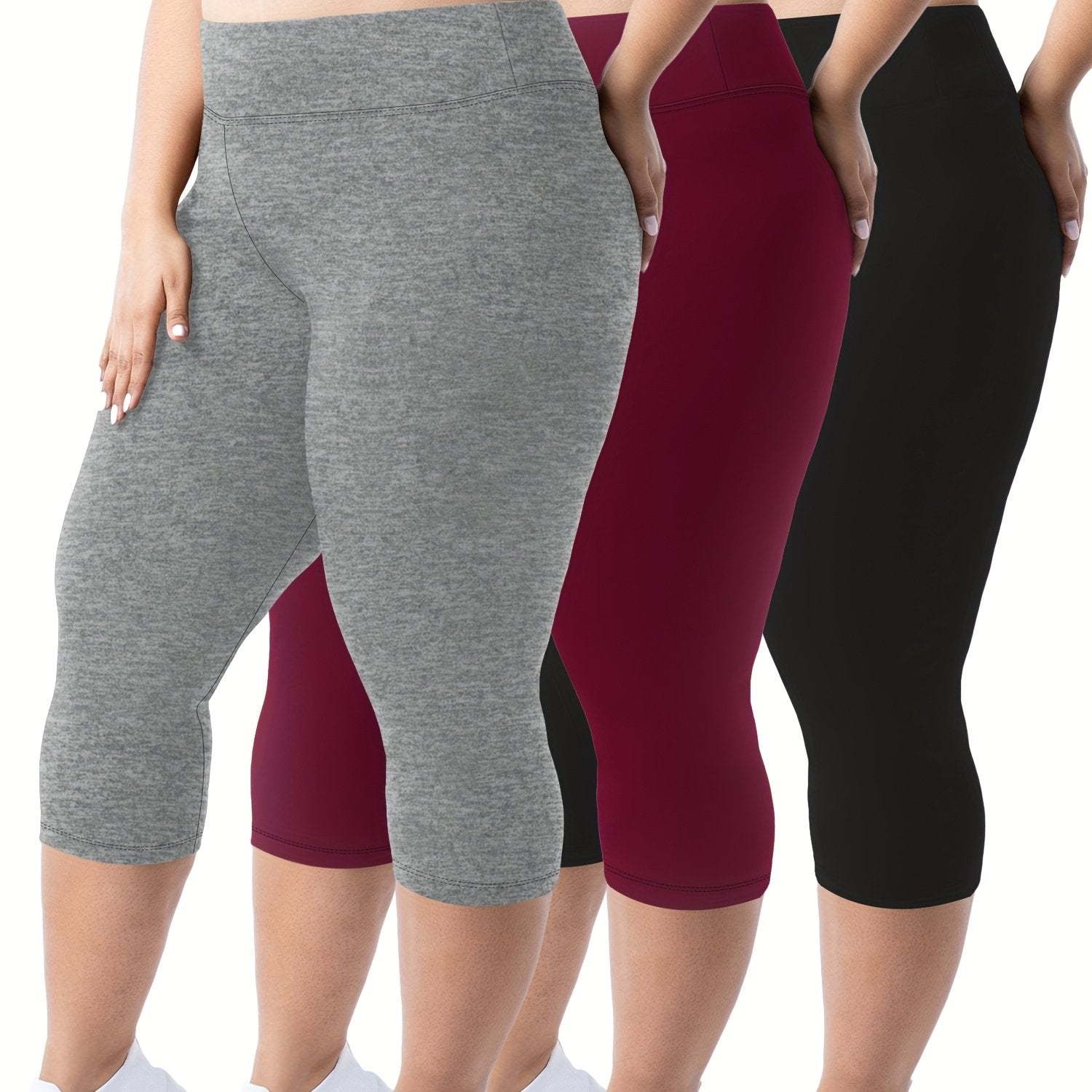 Plus Size Women's High-Waist Capri Leggings Solid Color Stretchy Casual