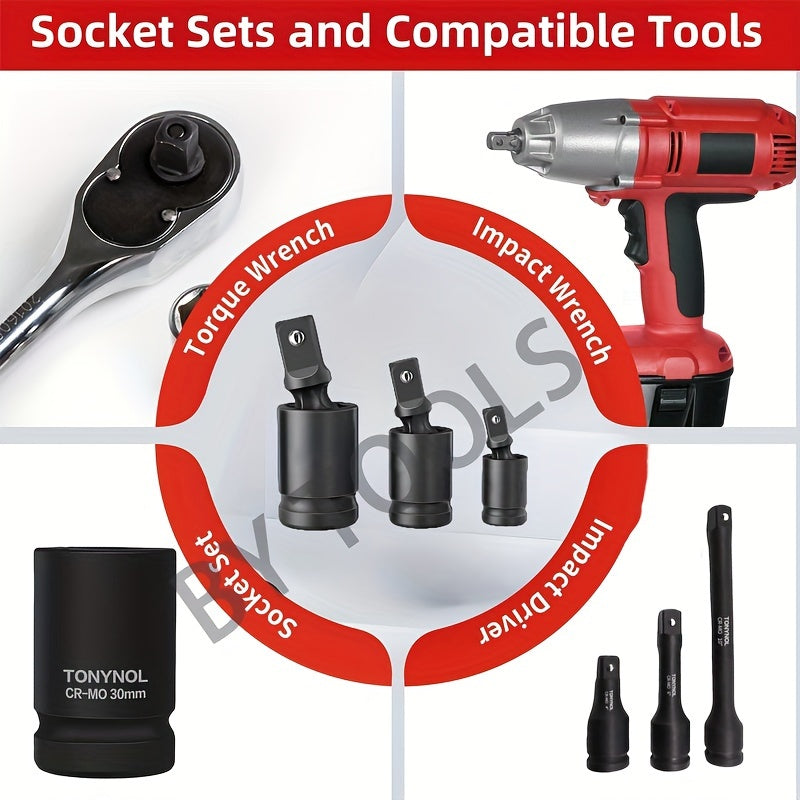 Juego de llaves de juntas universales de 3 piezas de acero con giro de 360° y extensión de impacto