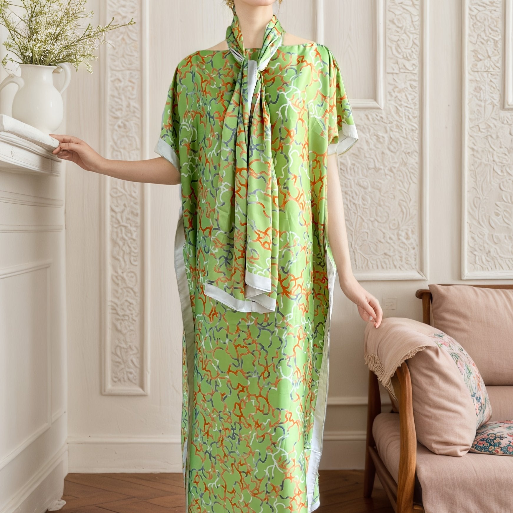 Women's Plus Size Green Printed Long Dress Batwing Sleeves All Seasons