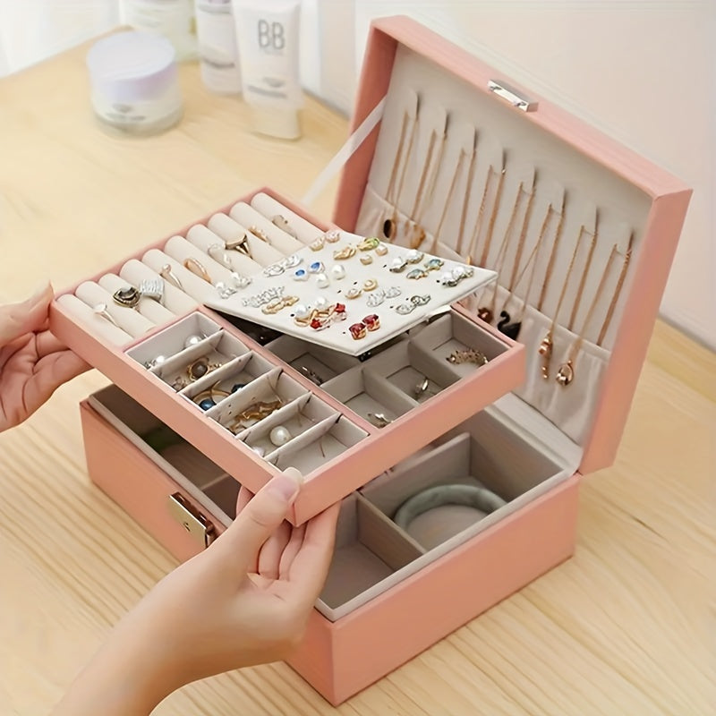 Caja de almacenamiento para joyas para pendientes, anillos y collares con doble capa y cerradura