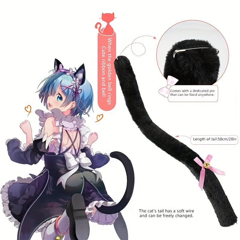 Black Cat Ear Hoop and Tail Necklace Halloween Costume Accessories Set