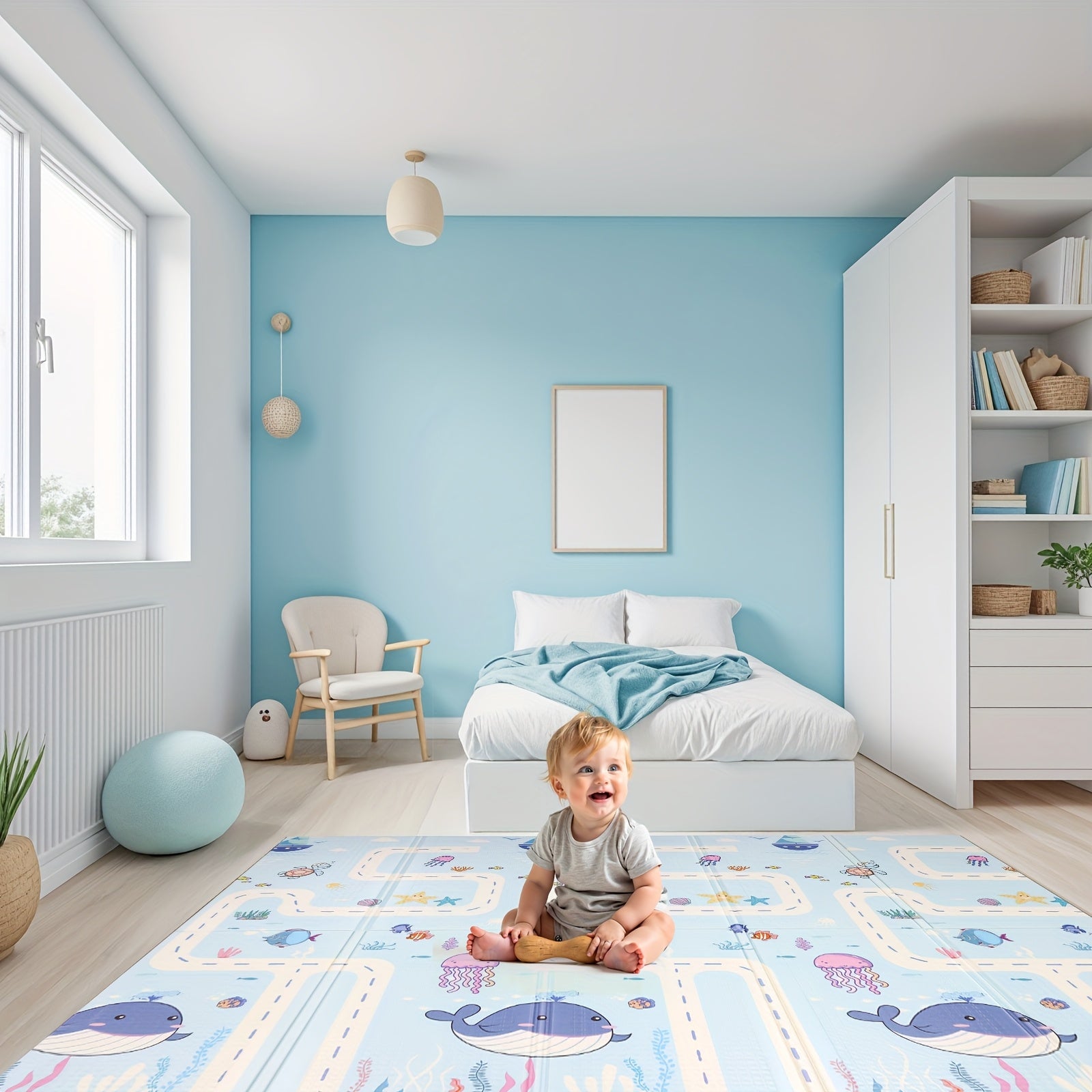 Waterproof Play Mat for Crawling and Walking Blue Cartoon Animal Design Non-Slip Foldable Nursery Floor Mat