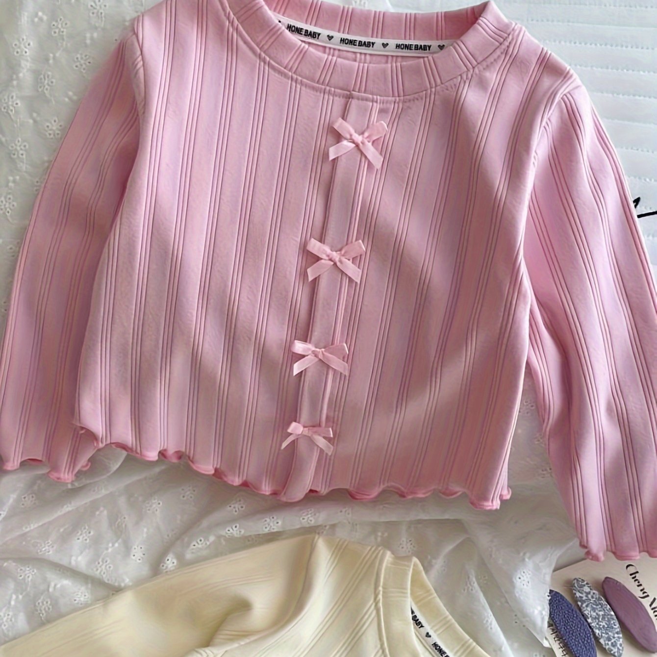Girls Long Sleeve Knit T-Shirt with Bow Detail for Casual Wear and Outdoor Play