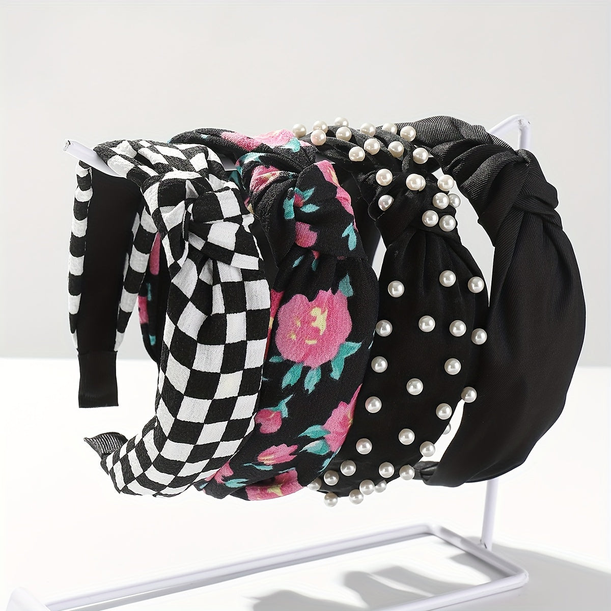 Set of 4 Wide Brim Headbands with Faux Pearl Accents, Knotted Design, Floral Print for Women