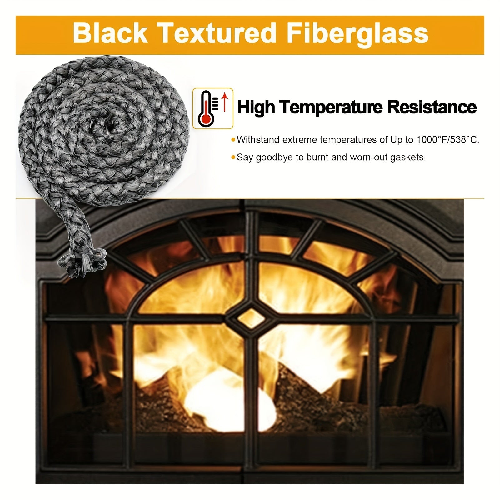 High-Temperature Graphite-Coated Fiberglass Stove Door Seal Rope 2.54cm x 172.72cm