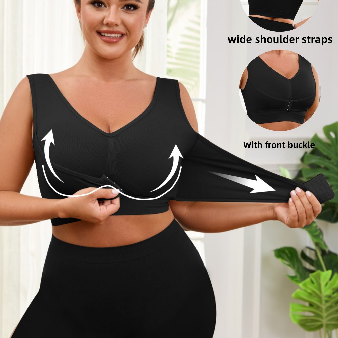 Plus Size Adjustable Seamless Sports Bra Black Breathable V-Neck Gym