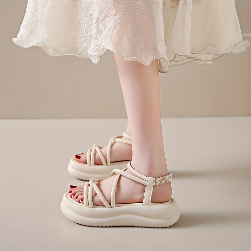 Women's Sandals Elastic Strap Slip-On Open Toe Mid-Heel Comfortable PU Platform