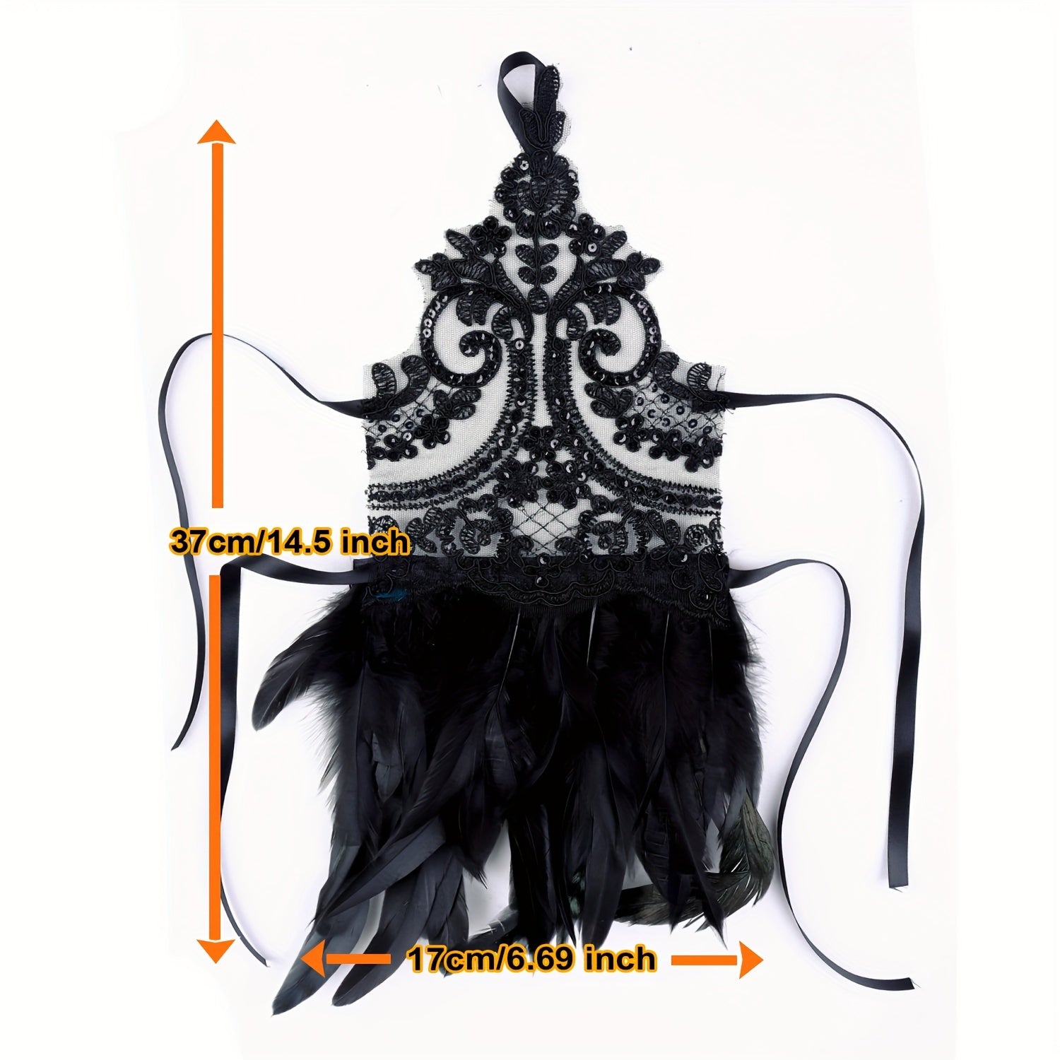 Gothic Lace Gloves with Faux Feathers Sequins and Lace-Up Hooks for Halloween
