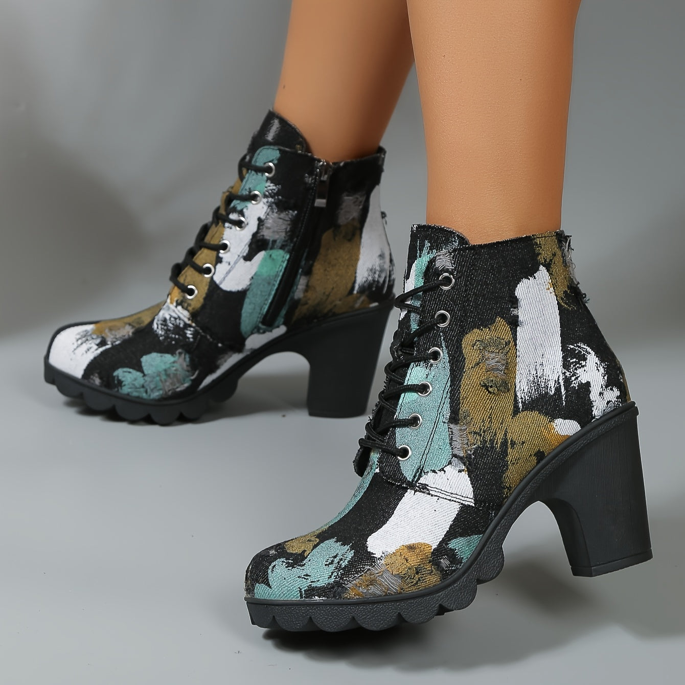 Women's Fabric Ankle Boots with Chunky Heel Side Zipper Wide Width