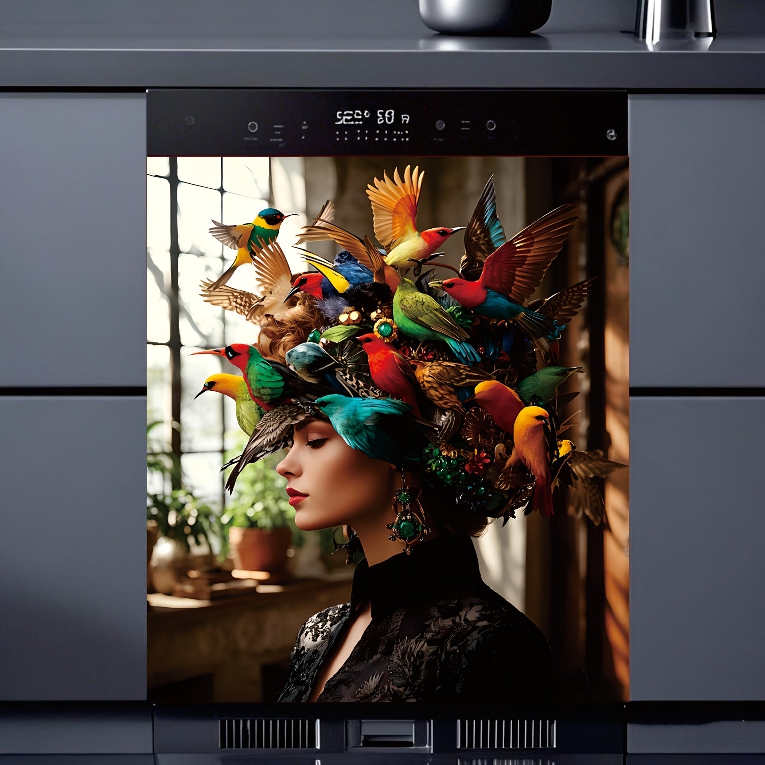 Floral Bird Crown Dishwasher Door Decal PVC No Battery Needed Home Decor Gift