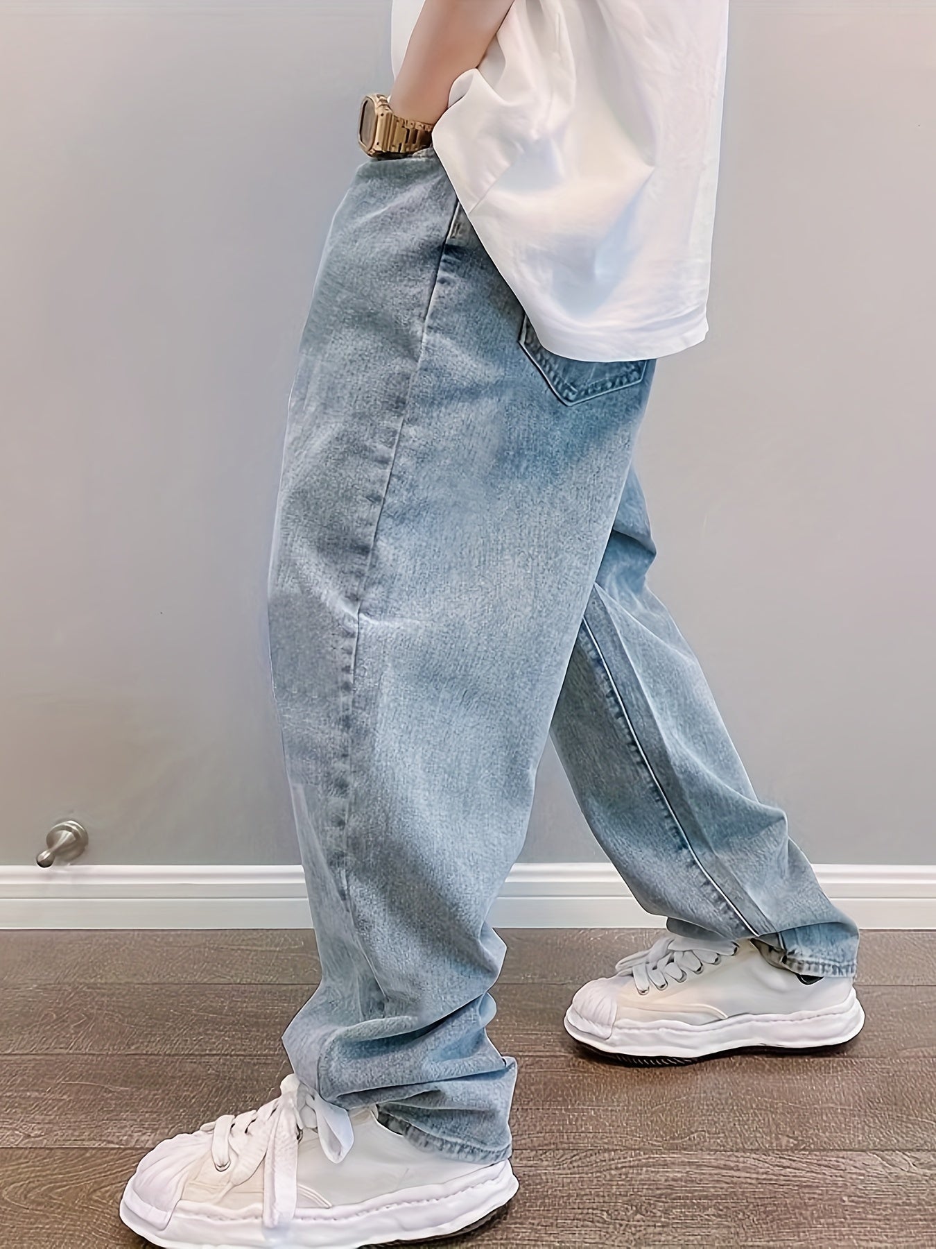 Jeans de algodón de pierna ancha para hombre con bolsillos, tiro medio, corte holgado, para todas las estaciones