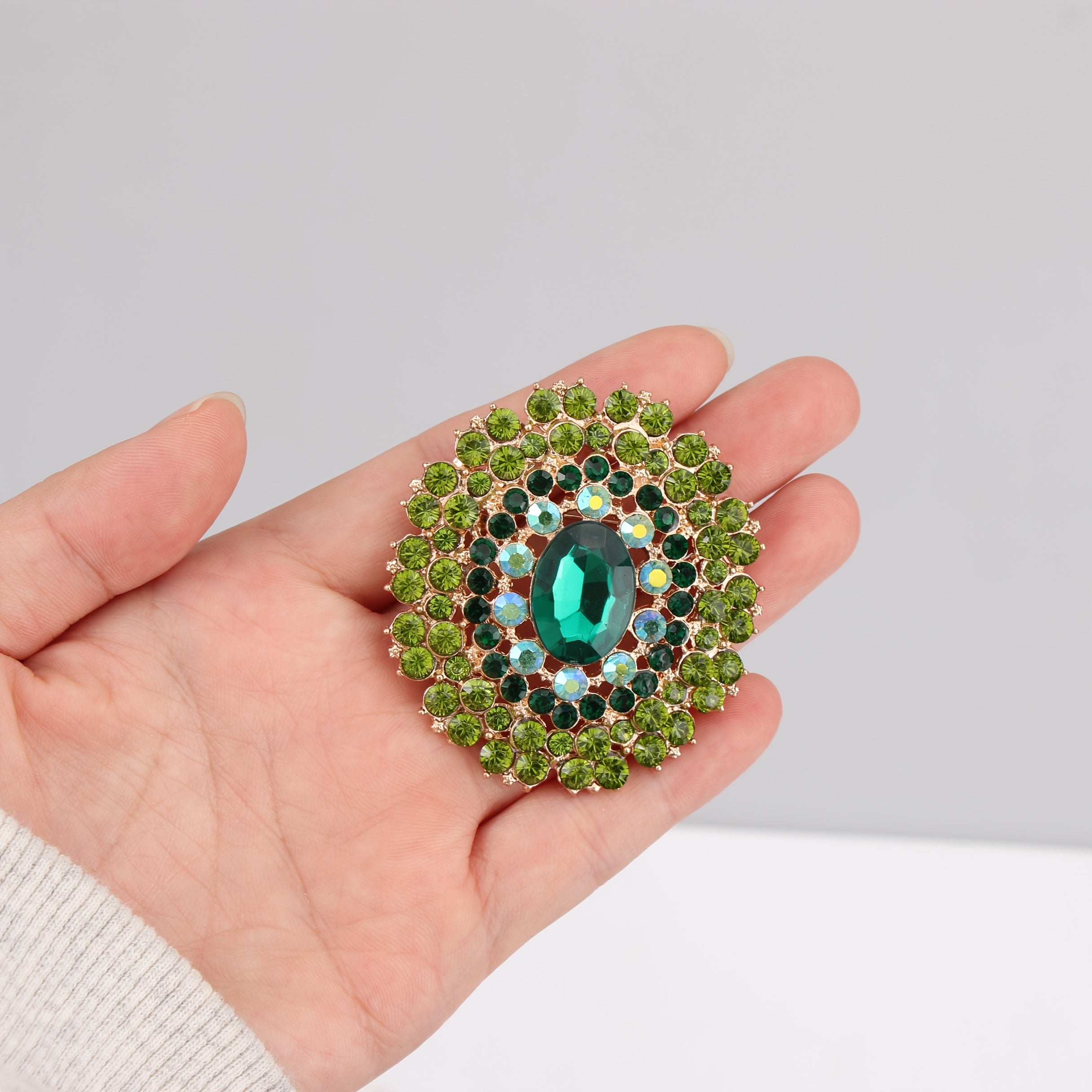 Women's Green Rhinestone Brooch Large Statement Pin Corsage