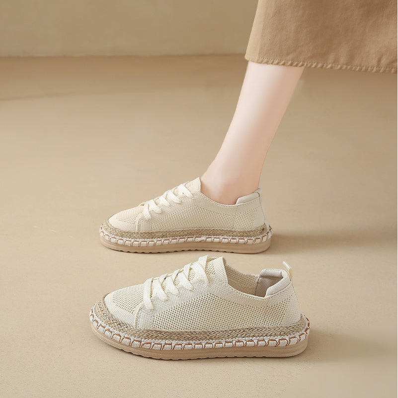 Women's Canvas Sneakers Beige Round Toe Lace-Up All-Season Comfort