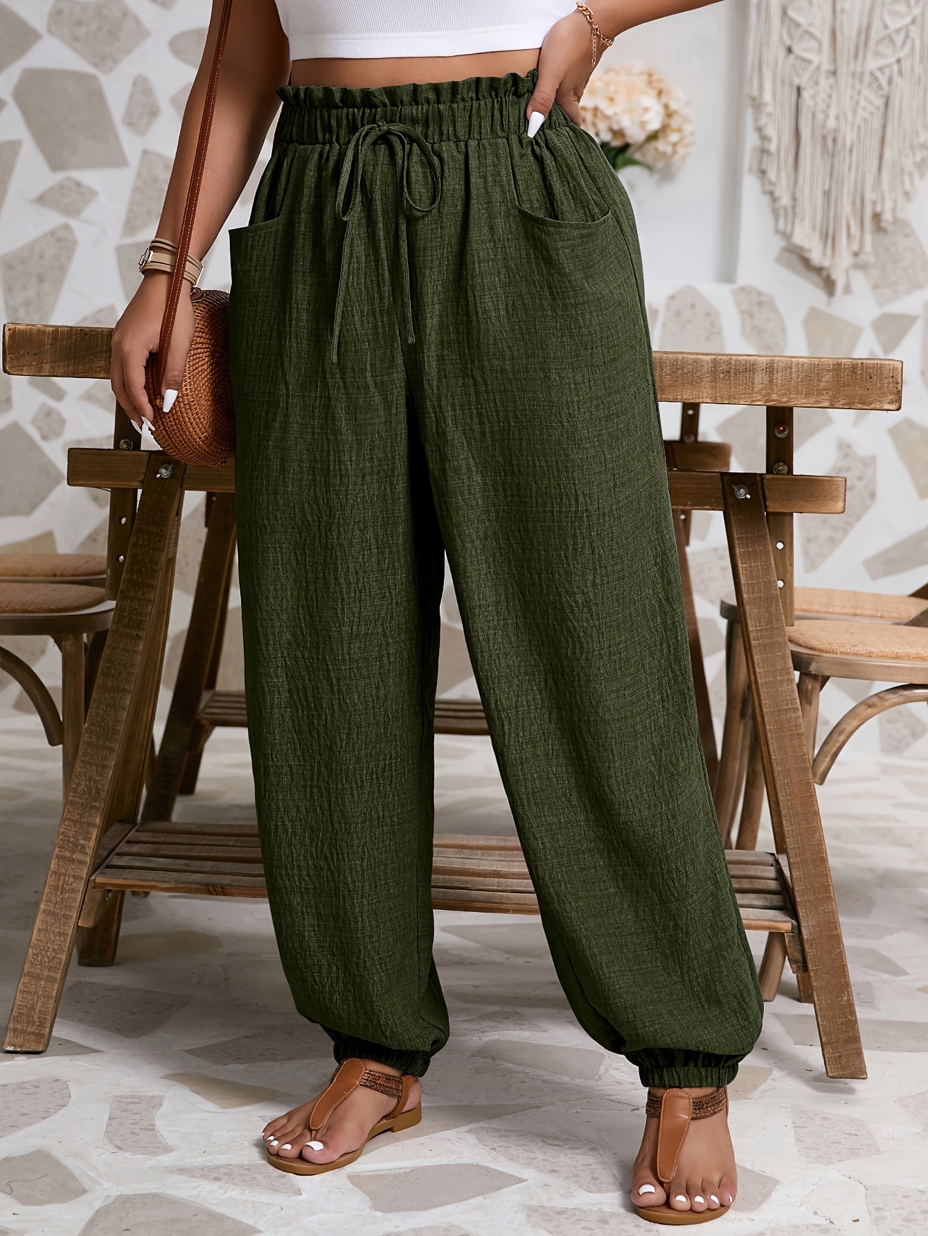 Women's Gray Harem Pants with Tie Waist and Ruffled Cuffs Polyester