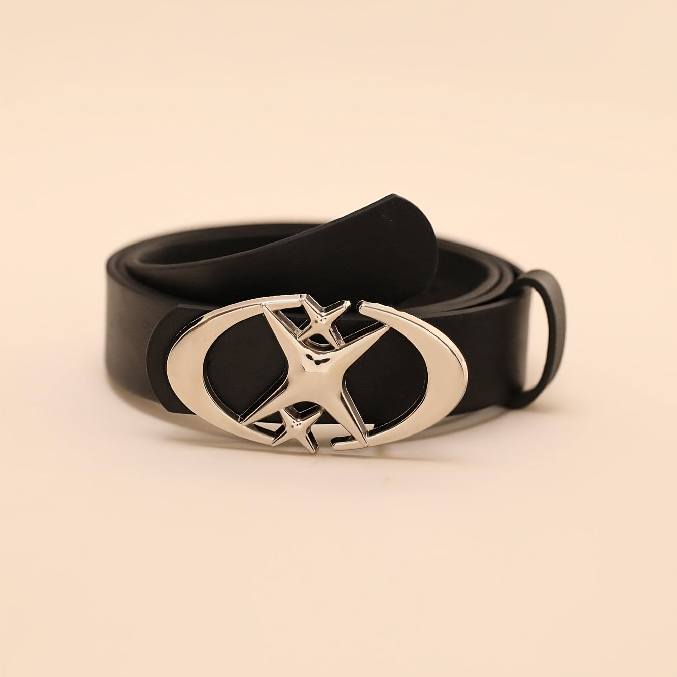 Women's Oval Star Buckle Belt in Solid PU Leather for Casual Jeans