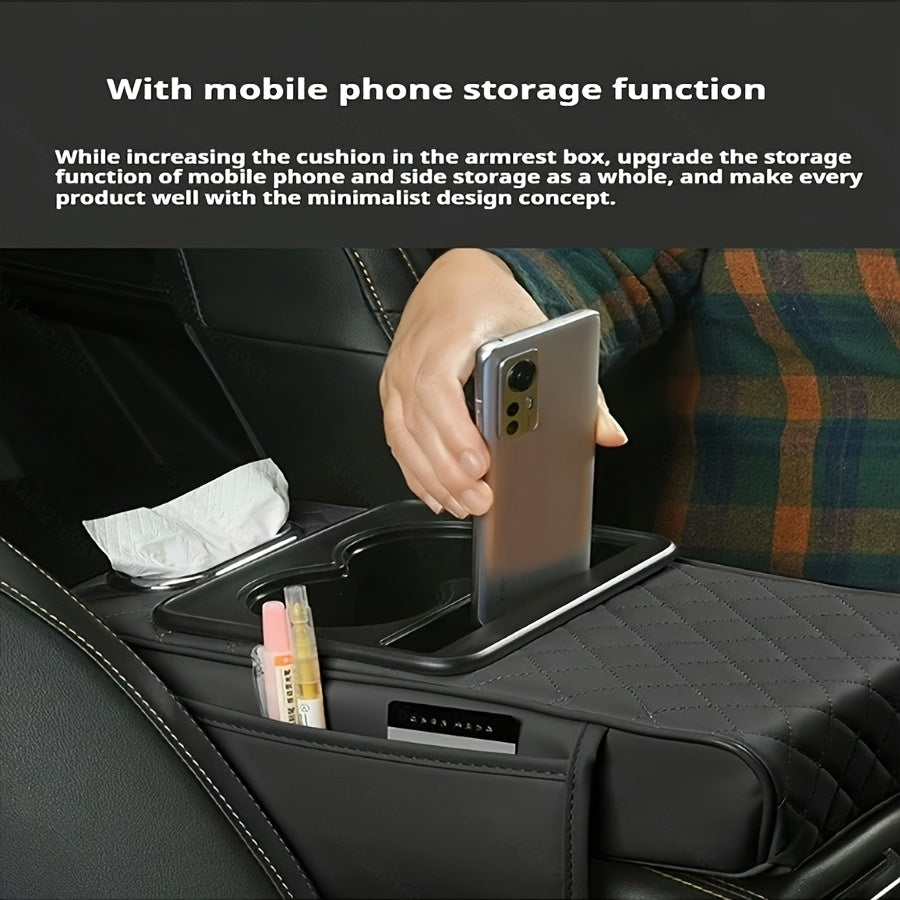 PU Leather Car Armrest Organizer with Cup Holder Tissue Box Storage