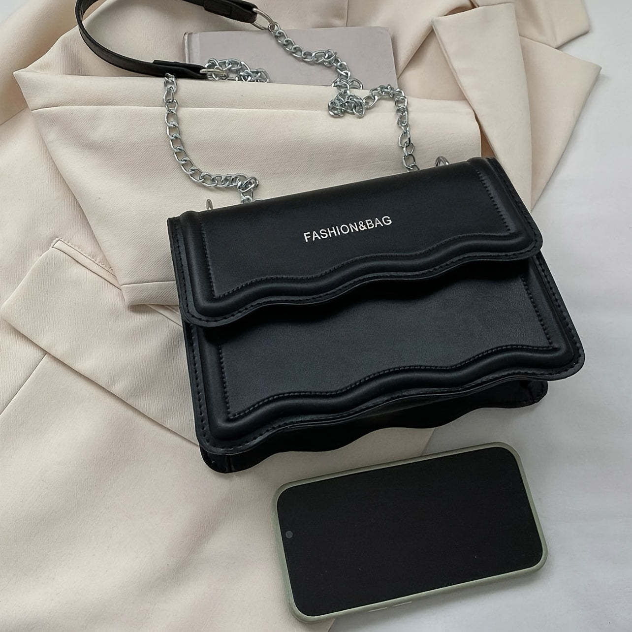 Small Square PU Crossbody Bag with Scallop Detail and Chain Shoulder Strap