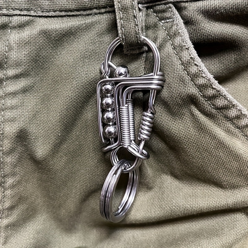 Men's Stainless Steel Keychain with Engraved Bead and Mechanical Buckle