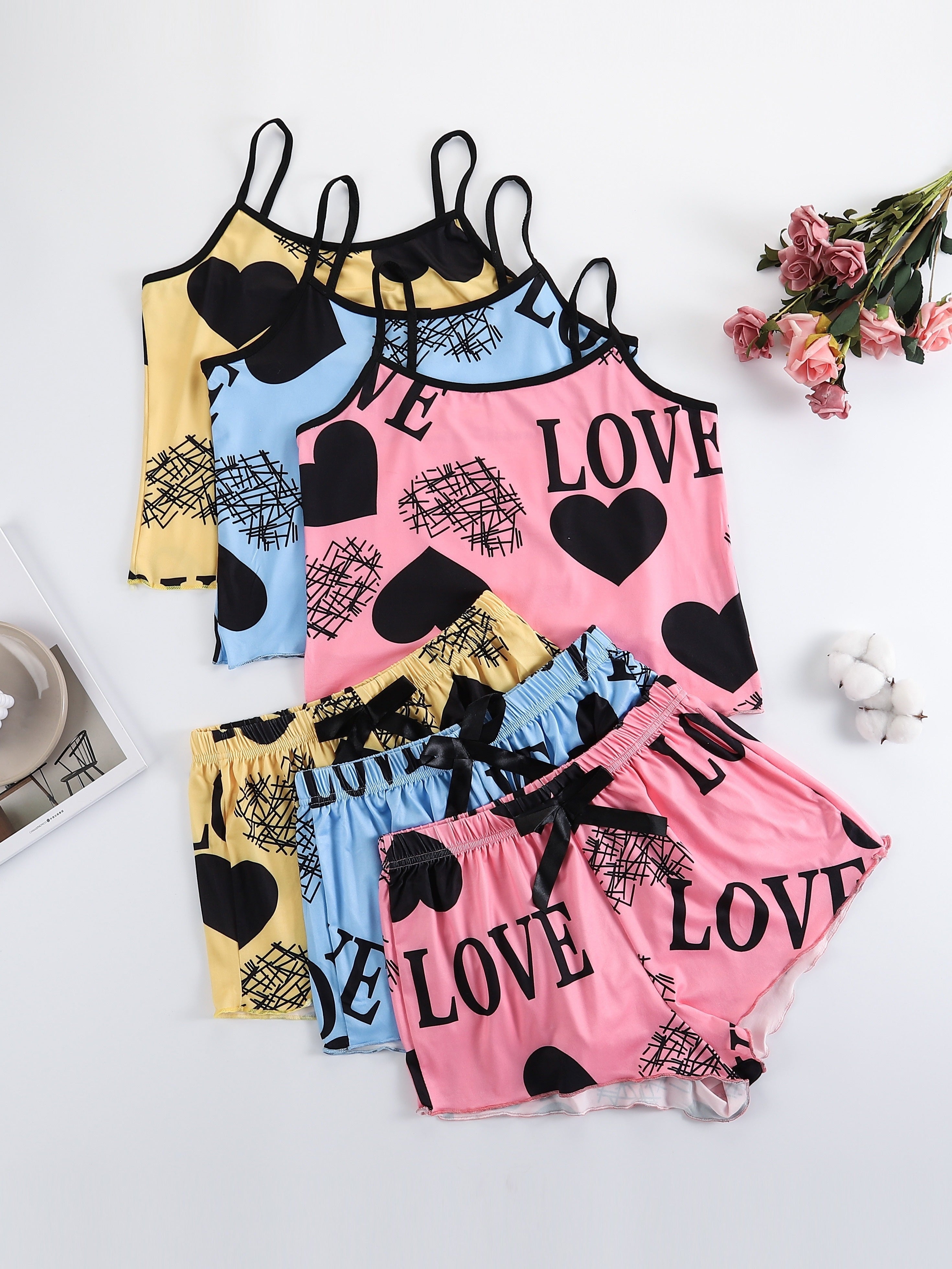 Women's Heart Print Pajama Set with Cami Top and Elastic Waist Shorts