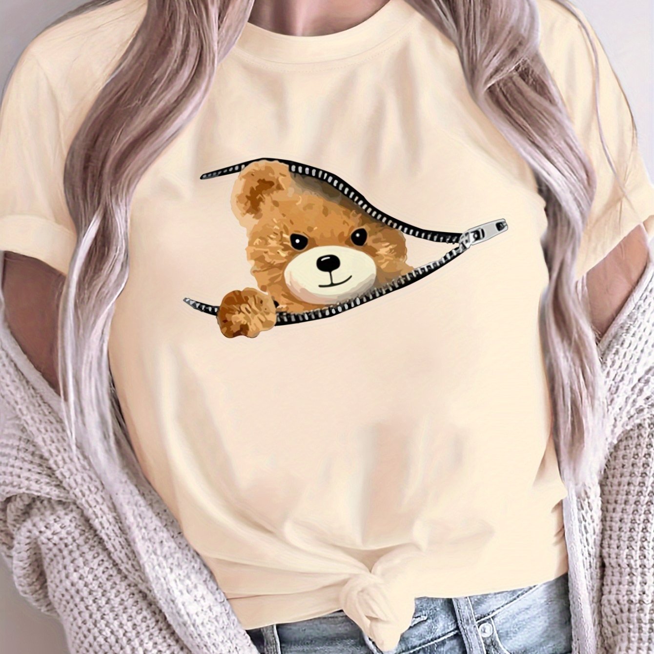 Women's Oversized Graphic T-Shirt Breathable Polyester Teddy Bear Design Loose Fit