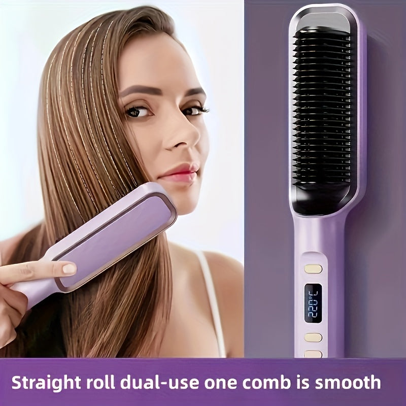 2-in-1 Ceramic Hair Straightener Brush with LCD Display European Plug for Styling