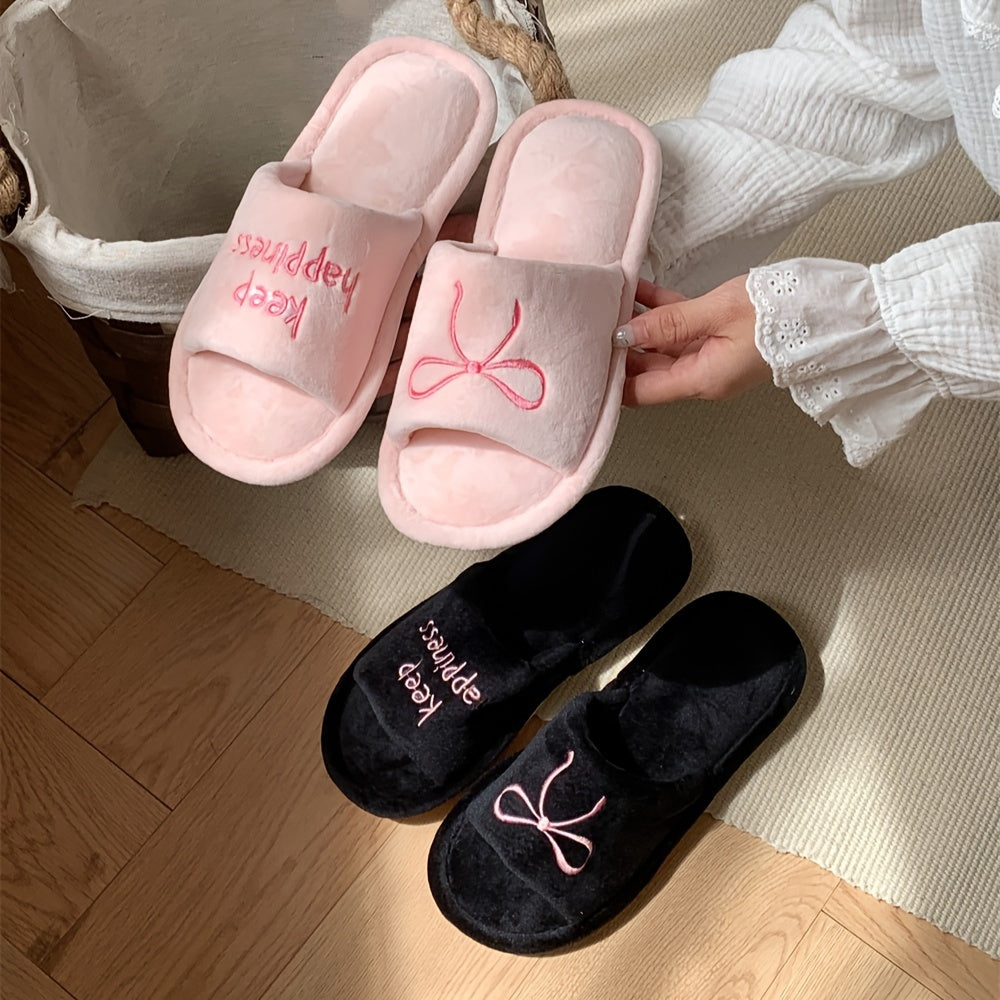 Women's Winter Slip-On Slippers Soft Fabric Indoor House Shoes in Black and Beige