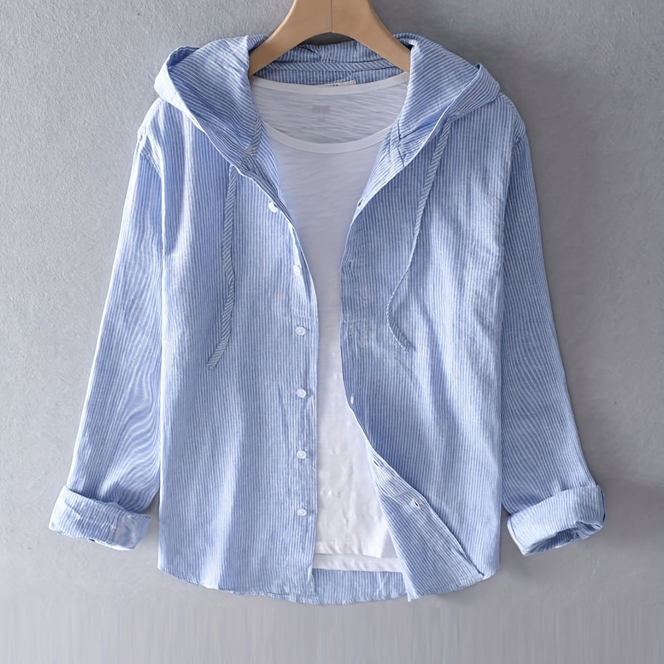 Men's Casual Striped Hooded Shirt Lightweight Polyester Long Sleeve Spring Fall