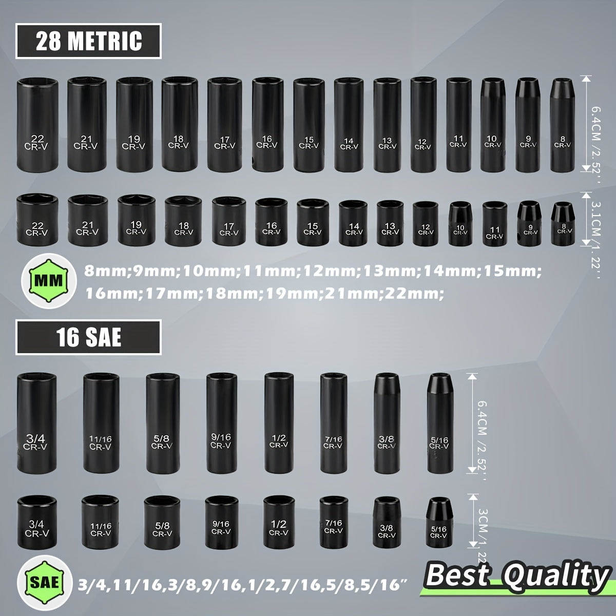 Juego de 50 piezas de vasos de impacto con carraca de 3/8 pulgadas, SAE y métrico, Cr-V