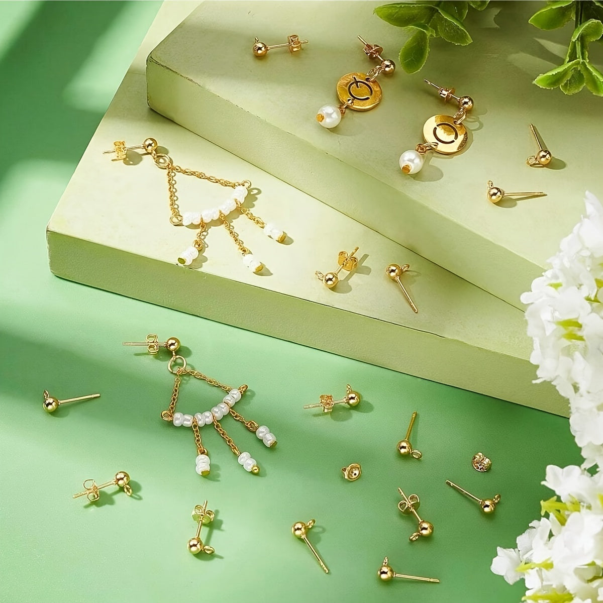80 Pcs Jewelry Findings Set with Ball and Column Earrings and Butterfly Backs for DIY Jewelry Making in Silver and Gold