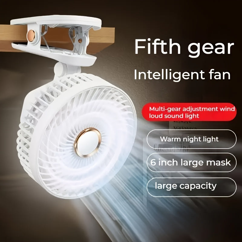Portable USB Rechargeable Desk Fan with Nightlight, 5 Speeds, Clip-On, Quiet