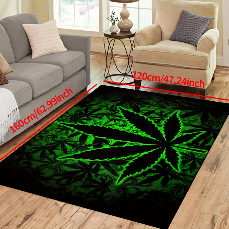 Black Background Fluorescent Marijuana Leaves Felt Rug 1000g/m² Machine Washable Multiple Sizes