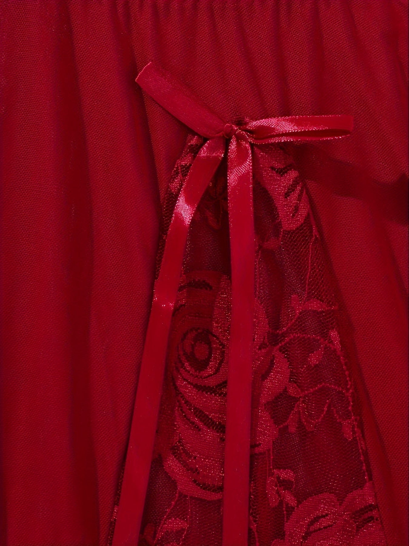 Lingerie Red Lace Mesh Slip Dress with Thong Set V-Neck Bow Detail