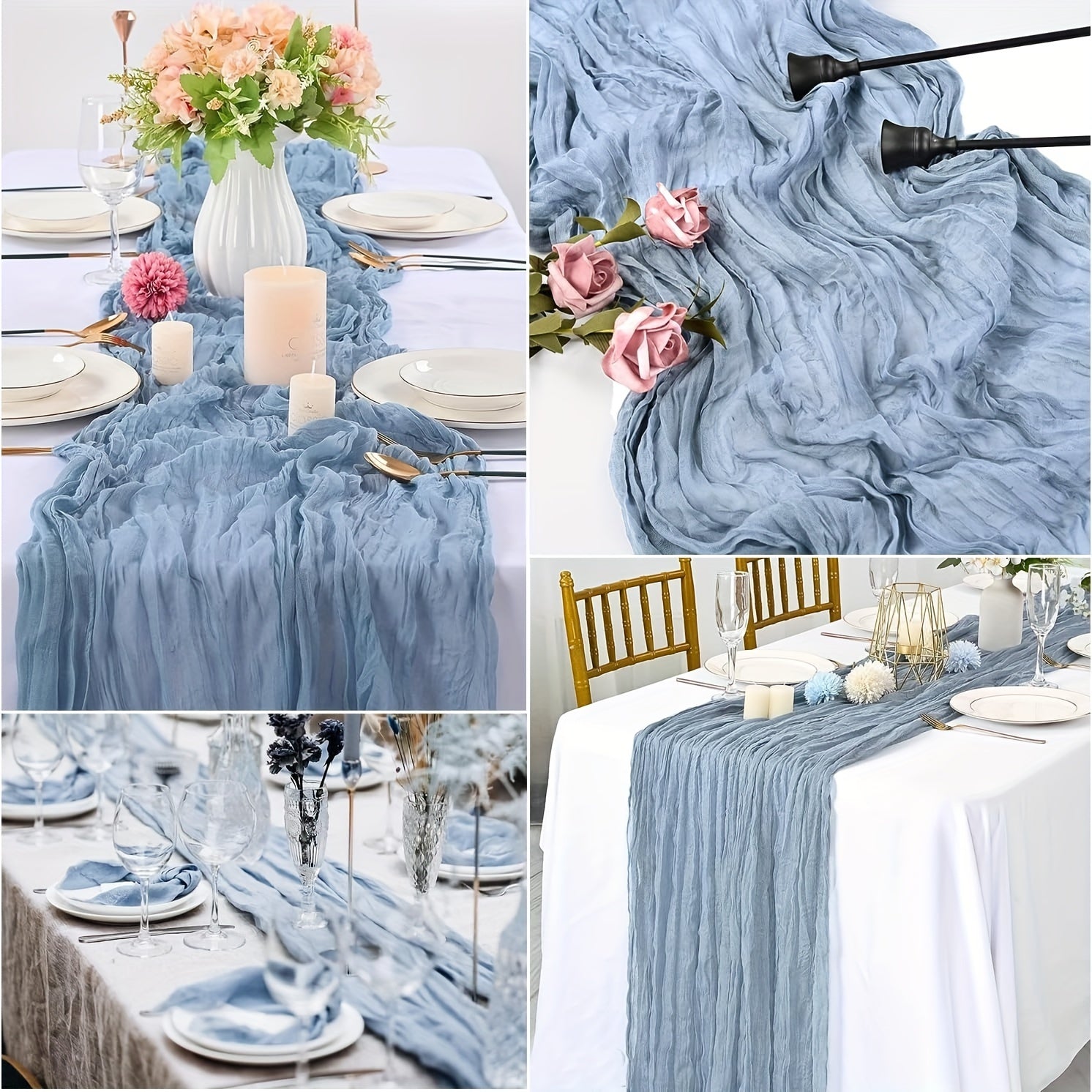 Blue Boho Chic Pleated Polyester Table Runner for Weddings and Bridal Showers
