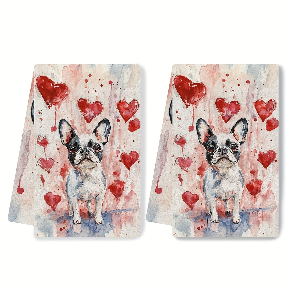 Two Pieces Kitchen Towels French Bulldog Heart Design Absorbent Quick-Drying