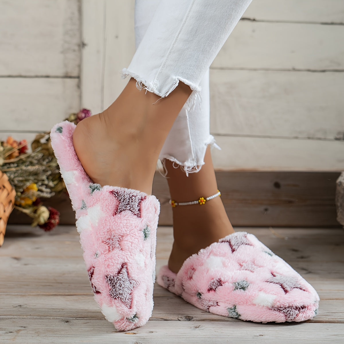 Women's Plush Winter Slippers with Star Pattern, Soft Fabric, Non-Slip Sole