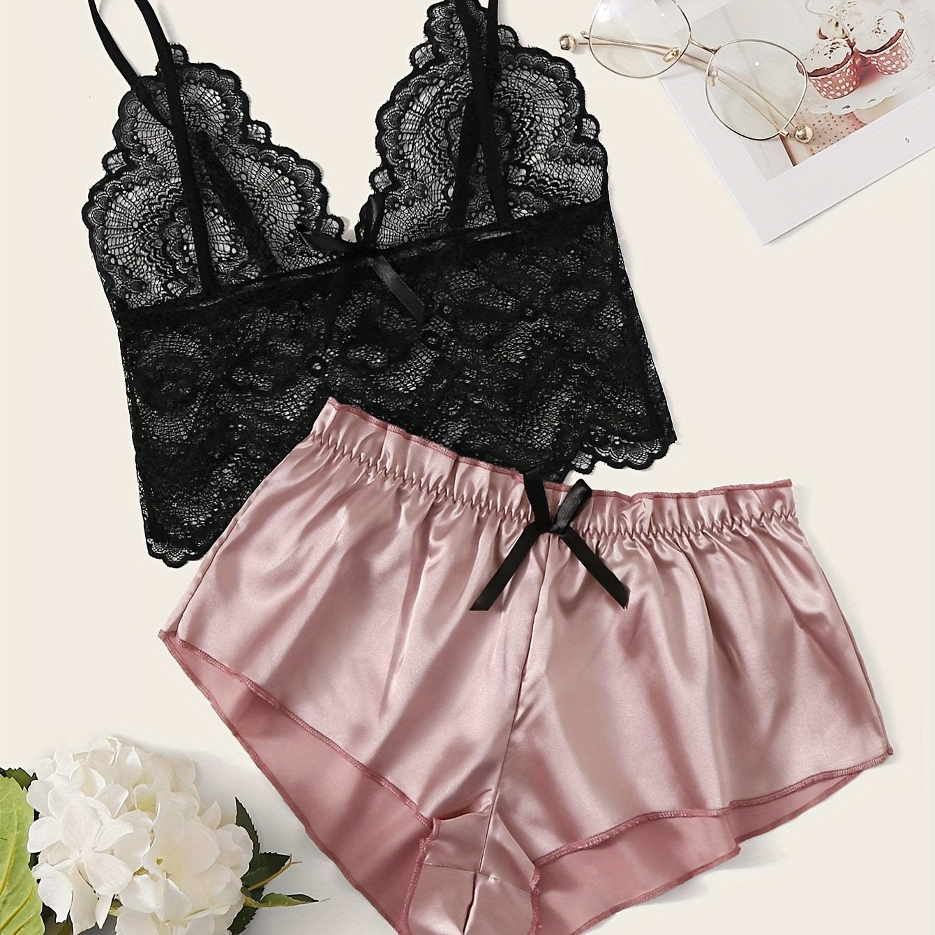 Women's Large Size Satin Pajama Set with Lace Details