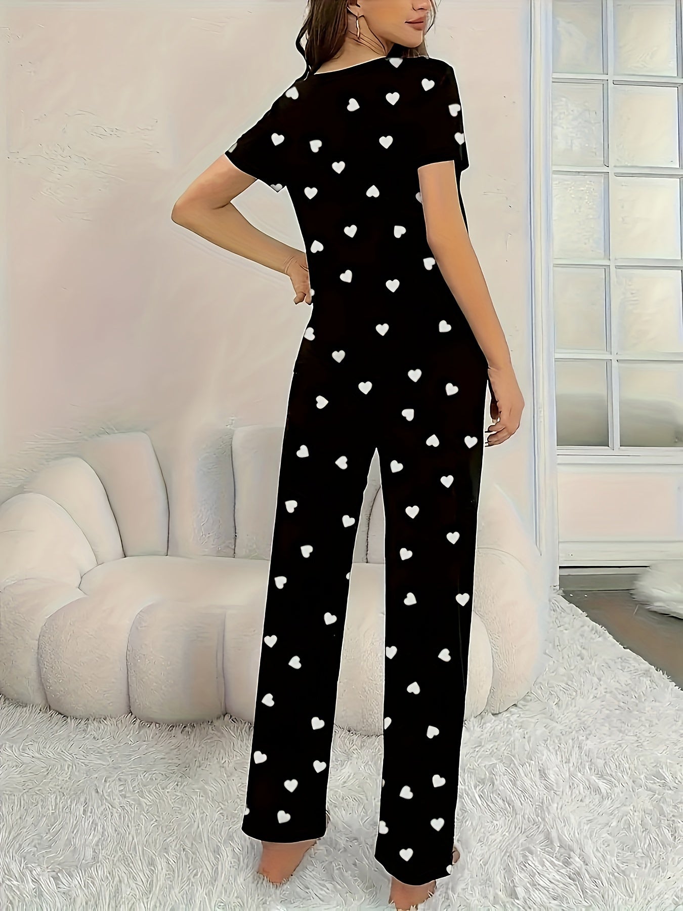 Women's Black Heart Print Pajama Set Jersey Knit Short Sleeve T-Shirt Long Pants