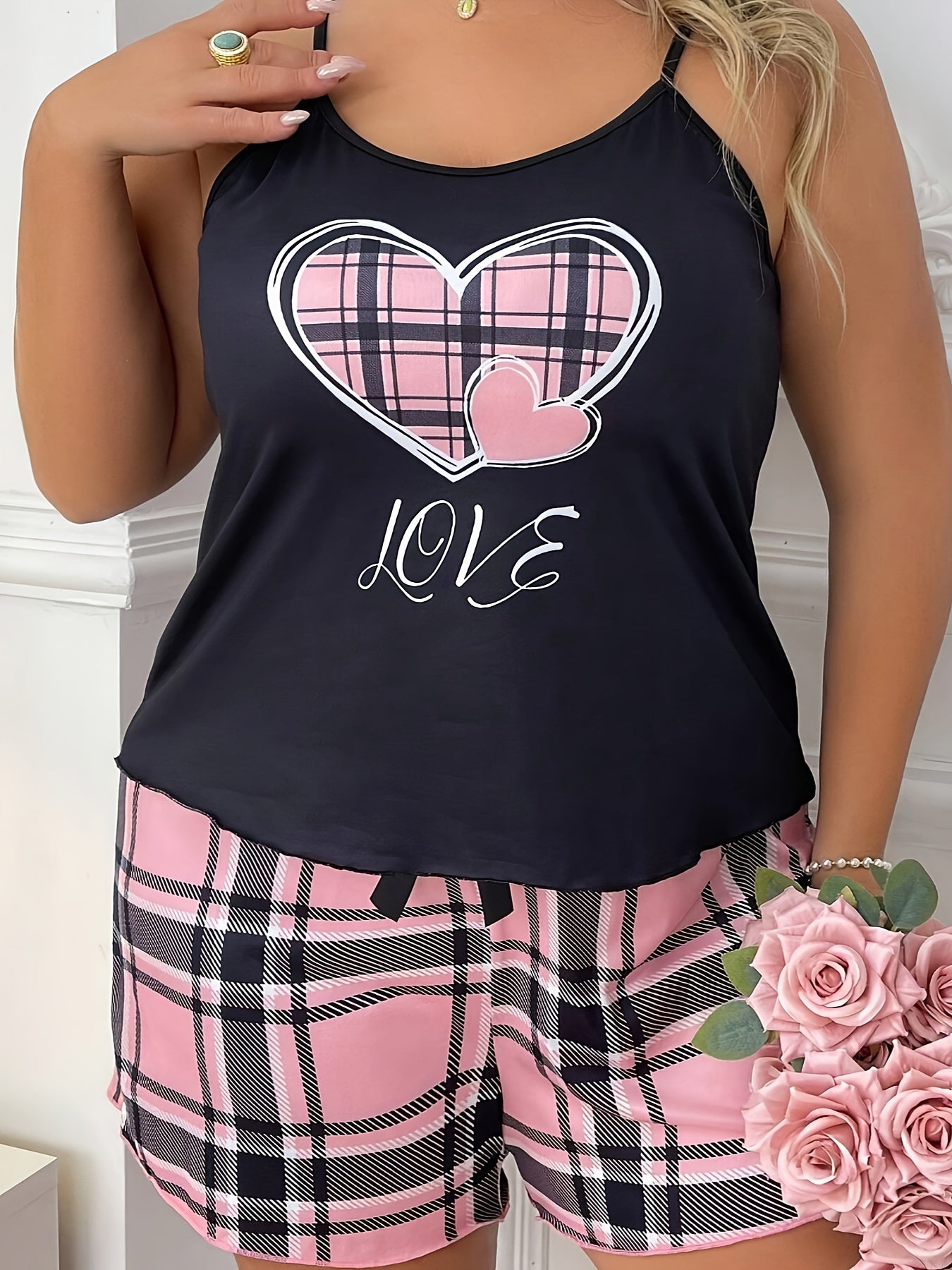 Women's Plus Size Lounge Pajama Set Plaid Heart & Letter Print Cami & Shorts
